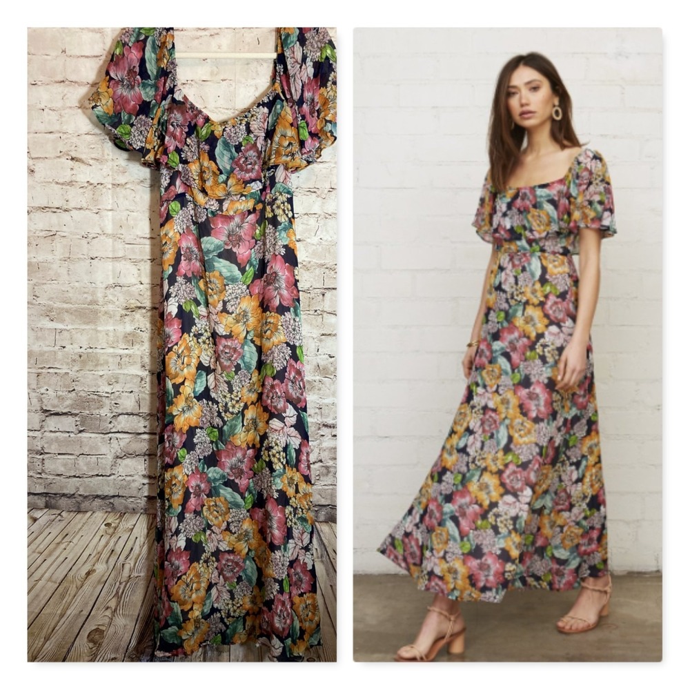 Rachel‎ Pally Maxi Chiffon Eden Dress Large Dark Romantic Bouquet Off Shoulder